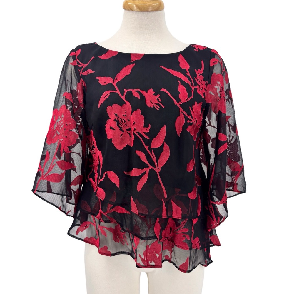Alex Evenings Black & Red Floral Layered Asymmetrical Hem Blouse, Small